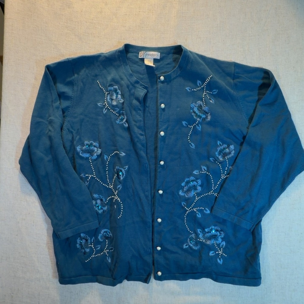 Dressbarn Cardigan Sweater Teal Floral Embroidered Women's Size 2X